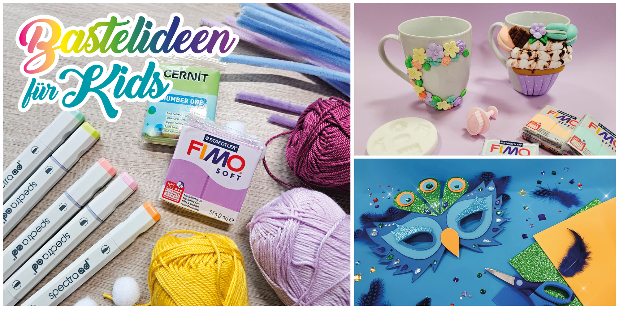 Banner - Basteln mit Kids. Verschiedene Bastelmaterialien, FIMO, Wolle und vieles mehr. Masken basteln. Tassen gestalten.
